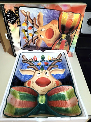 Large Christmas Holiday Clay Art Reindeer Chip N Dip Divided Platter 15