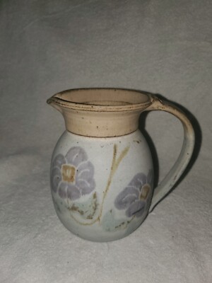 Handcrafted Stoneware Pitcher Signed D Shaped Handle Purple Flowers -image