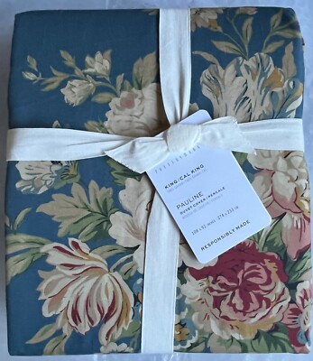 Pottery Barn Pauline Floral Blue KING or CAL KING Duvet Cover - 100% Cotton-image
