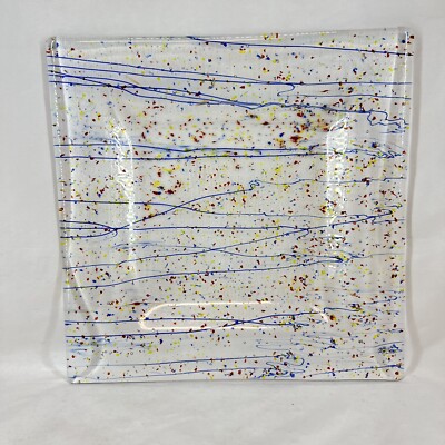 Studio 14” Fused Art Glass Square Serving Tray Plate Streamers Confetti Dun Dish-image