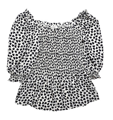 MAX STUDIO L Top Smocked Peasant Puff Sleeve Heart Print Black Ivory Square Neck-image