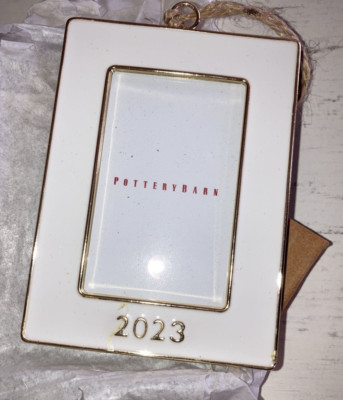 Pottery Barn 2023 WHITE Rectangle Enamel Frame Christmas Ornament NWT/NIB-image