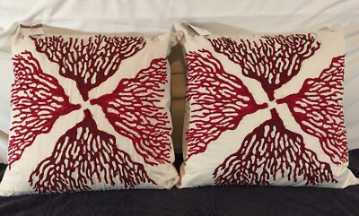 Beautiful Pottery Barn Pillows Red Coral Hand Embroidery Brand New Original Tags-image