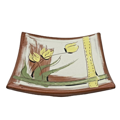 Studio Art Pottery Square Dish Yellow Tulips Red Clay Folded Bowl 7