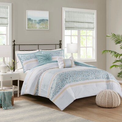 Madison Park 5 Piece Seersucker Microfiber Comforter Set with Throw Pillows-image