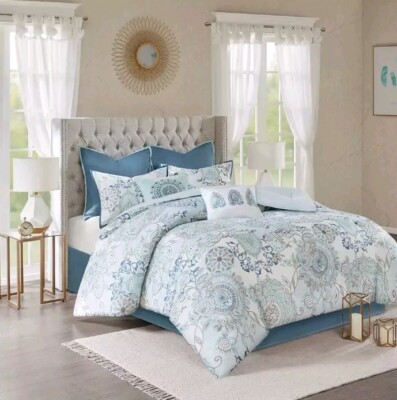 Madison Park 8Piece Cotton Floral Printed Reversible Comforter Set Cal/King Blue-image