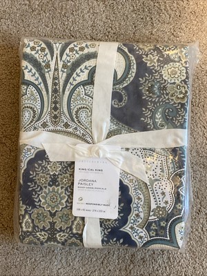 Pottery Barn JORDANA PAISLEY Percale King Duvet Cover, BLUE,  NWT-image