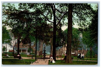 1909 Madison Park Fountain Families Benches Groves Bay City Michigan MI Postcard-image