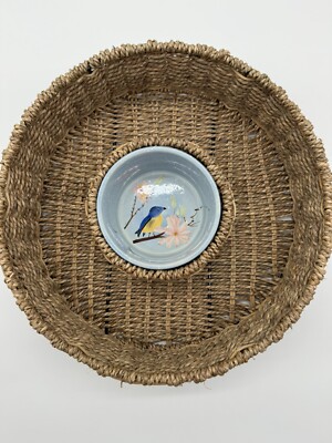 Wicker/Rattan Salsa Chip Dip Serving Tray11.5”. Ceramic Microwave Safe Bird Dish-image
