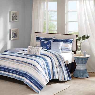 Queen Quilt Set Blue Striped Coastal Nautical Tropical Beachy Elegant Summer 6Pc-image