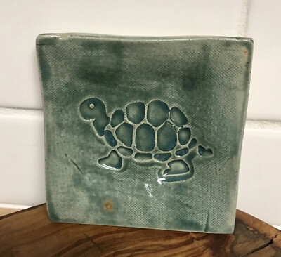 Studio Art Pottery Turtle Trinket Dish Green Square Tile Artist Signed Handmade-image