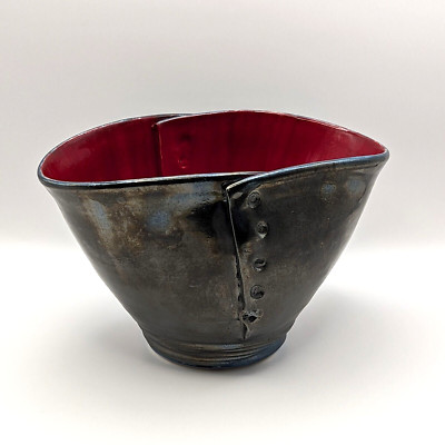 Studio Pottery Bowl Slab Folded Conical Riveted Red Blue Gray Metallic Signed-image
