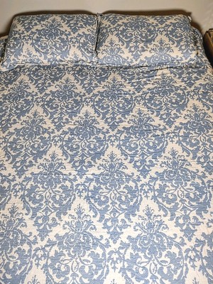Pottery Barn Queen Duvet 2 Pillow Shams Medallion Blue Cotton Linen Jacquard-image