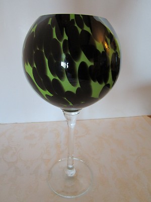 Studio Art Glass Cased stemmed ball Vase Green spotted Signed & numbered 13”T-image