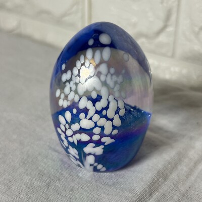 Glass Eye Studio Iridescent Egg-Shaped Art Glass Paperweight Bubble Blue-image