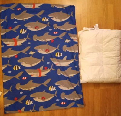 POTTERY BARN Kid Toddler Blue Shark Duvet + Cover Zip Close Fish Ocean Sea 35x50-image