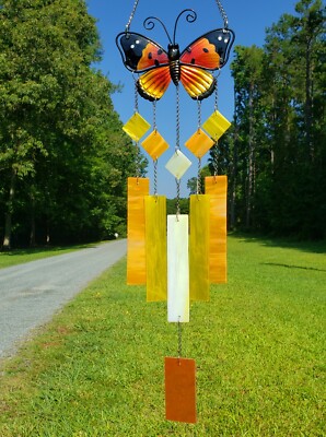 Monarch Butterfly Glass Wind Chime, Stained Glass Wind Chimes, Handmade in US-image