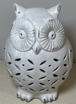 Pottery Barn Ceramic Punched Filigree White Owl Luminary HTF-image