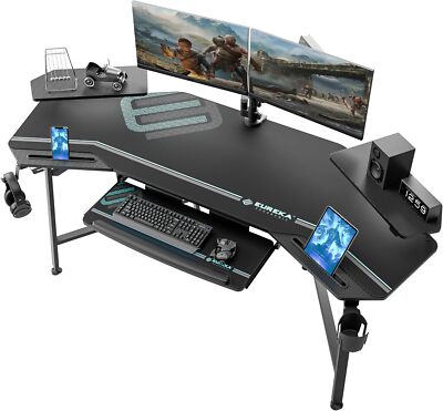 Gaming Desk with Led Lights,Large Wing-Shaped Studio Desk W/ Keyboard Tray-image