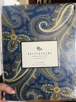 Pottery Barn Paisley Duvet Cover Blue Yellow Gold Queen No Sham Beale New🦩-image