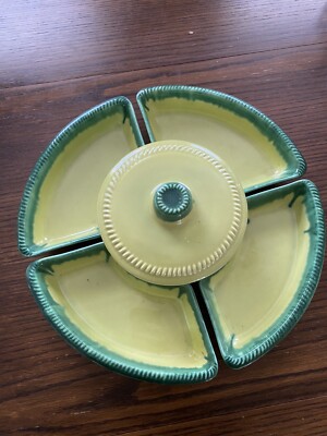 Vintage 6 Pc Yellow Green Drip Ceramic Chip Dip Relish Serving Dish Set-image