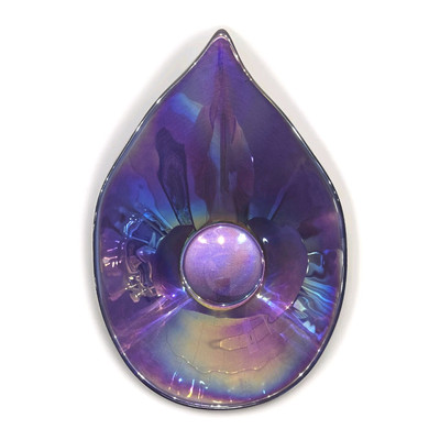 Iridescent Purple Art Glass Bowl Large Leaf Shaped Reverse Painted 15.5 x 10.5