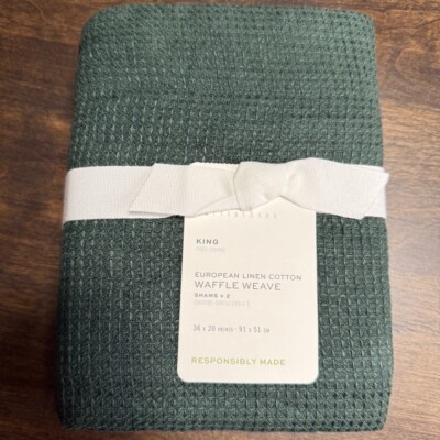 POTTERY BARN EUROPEAN FLAX LINEN WAFFLE PILLOW SHAM (SET OF 2) KING ~ PINE GREEN-image