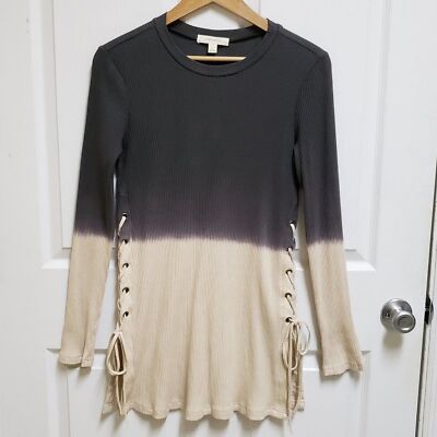Onetheland Sweater Women L Ombre Gray Tan Lace Up Side Long Sleeve Tunic Boho -image