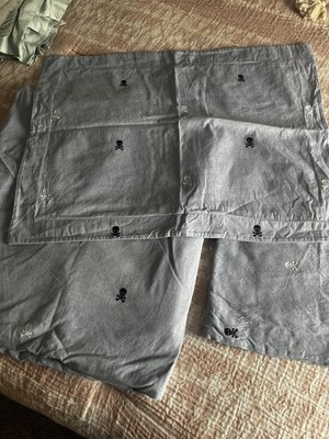 Pottery Barn Kids Blue Chambray Organic Cotton Skull Embroidery Duvet And Shams-image
