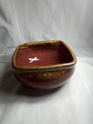 Studio Pottery Square Red And Brown Drip Glaze Signed-image