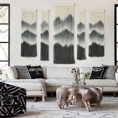 Large Macrame Wall Hanging 5Pcs Handmade Dip-Dyed Mountain Wall Decor Combina...-image