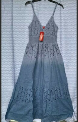 Women Ombre Dip Dye gray Eyelet Lace Dress L vneck summer sale aline  Vestido-image
