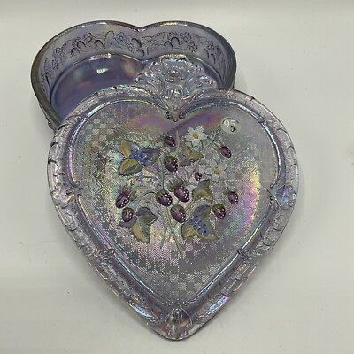 Fenton Hand Painted Signed Iridescent Heart Shaped Glass Box W/ Lid-image