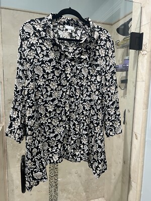 J Jill Tunic Womens Xl Crepe Black Tan  Floral Knit Button Up Dip Hem Flowy-image