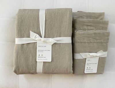 Pottery Barn BELGIAN FLAX LINEN Duvet King & 3 Euro Shams Dark Flax NWT-image