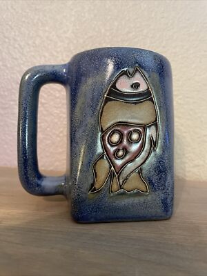 Design by Mara Mexico Studio Art Pottery Fish Blue Coffee Mug Cup Signed NWOT-image