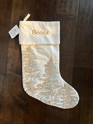 NWT Pottery Barn Embroidered Gold Forest Velvet Christmas Stocking Mono Becca-image