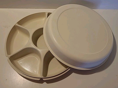 Vintage 2pc set Tupperware White divided veggie party tray dip bowl-image