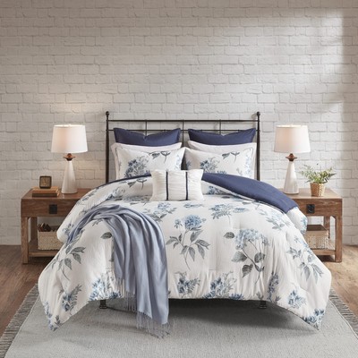 Comforter Set with Throw Blanket Floral Print on Seersucker Textures All Season-image