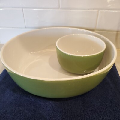Home green ceramic  Classic Chip and Dip Bowl large  one piece NICE Heavy -image