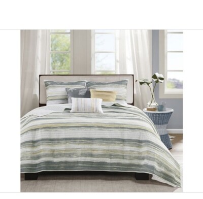 Madison Park 6 Pcs Coverlet Set Full/Queen Size Coastal Stripe -image