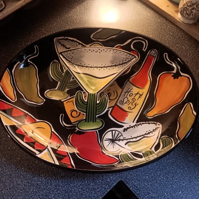 Clay Art Salsa  Hand Painted Large 17”x13.5” Oval Serving Platter w/ Dip Dish-image