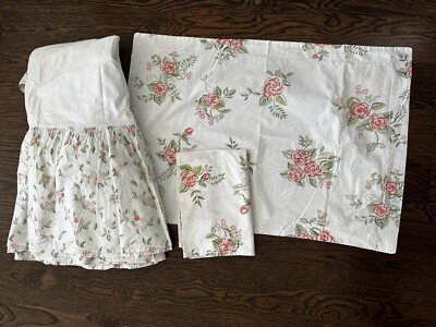 Pottery Barn Kids~Full Cotton Dust Ruffle & 2 Standard Shams Pink Flowers~EUC-image