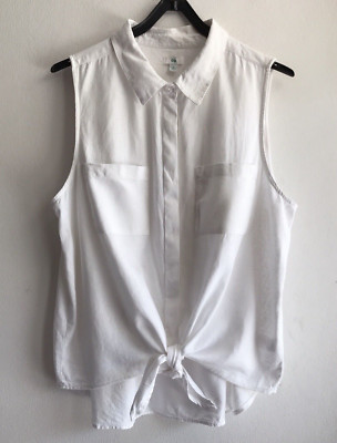 Dip Women Blouse White Linen Blend Tie Front Pockets Button Sleeveless Size XL-image