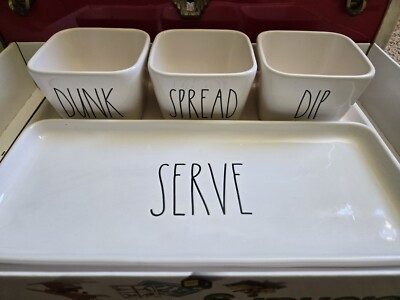 Rae Dunn 5 Piece Stoneware Serving Set Spread Dip Dunk Serve Tray & Dip Bowls-image