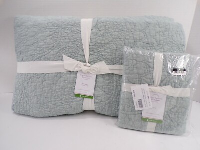 Pottery Barn Belgian Floral Stitch Quilt Queen w/ 1 Std Sham Mineral Blue #9992D-image