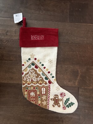 New Pottery Barn Crewel Icon Gingerbread House Christmas Stocking Mono Rosemary-image