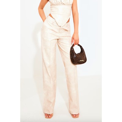 Pretty Little Thing Cream Washed Faux Leather Dip Waist Flared Pants 4 Tall-image