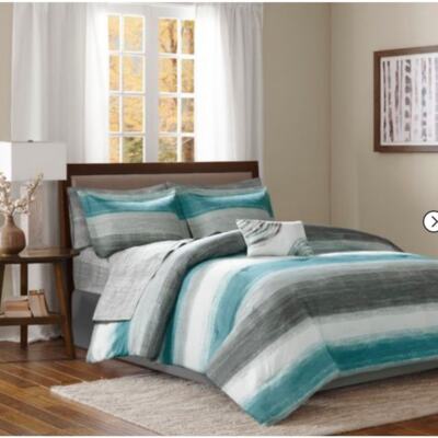 New Madison Park Queen Aqua Striped Essentials Saben Cozy Bed in a Bag-image