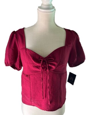 NWT I.N. Studio Short Sleeve Sweetheart Neck Cranberry Top Ruched Back Size L-image